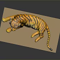 Yellow Black Striped Tiger Model Lying On Light Colored Platform With Gray Background
