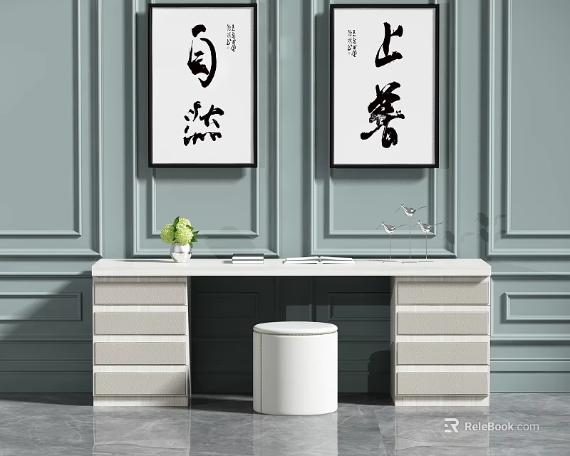 Modern Wooden Desk With Drawers White Vase Green Plant And Calligraphy Artworks On Gray Wall 3d model 