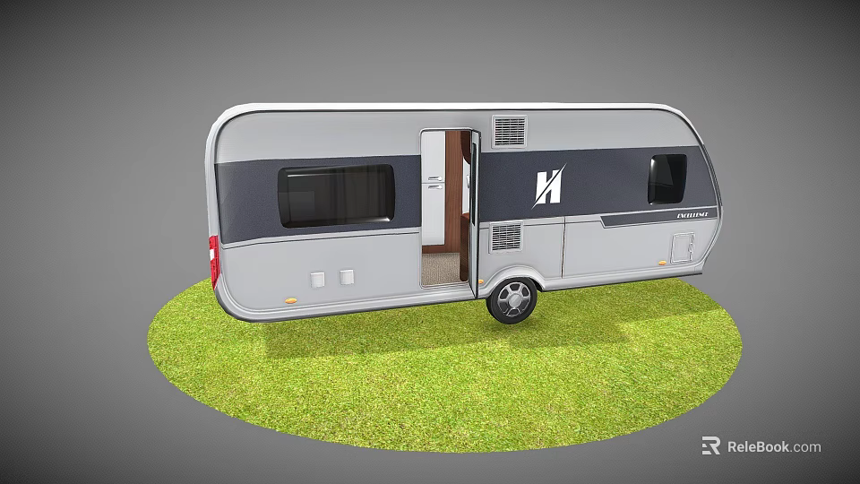 Silver Gray Caravan Parked on Green Grass with Open Door Windows and M Logo 3d model 