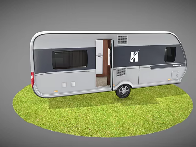 Silver Gray Caravan Parked on Green Grass with Open Door Windows and M Logo 3d model