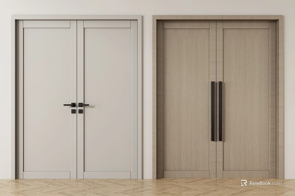 Modern Minimalist Double Doors With White And Light Wood Sleek Design 3d model