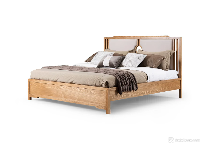 Elegant Modern Wooden Double Bed with Upholstered Headboard and Soft Throw Blanket 3d model 
