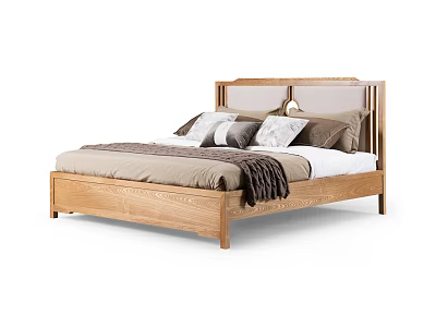 Elegant Modern Wooden Double Bed with Upholstered Headboard and Soft Throw Blanket 3d model