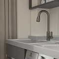 Home Balcony Interior With Dark Gray Cabinets Washing Machine Faucet Sink And Curtains
