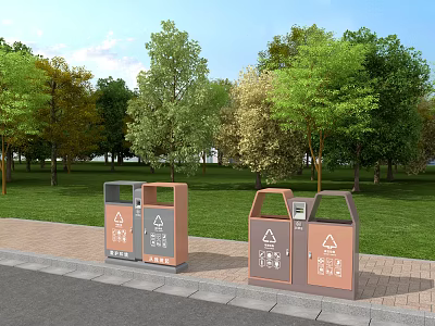 Public Facility Roadside Recycling Trash Bins With Green Trees And Grassland 3d model