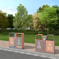 Public Facility Roadside Recycling Trash Bins With Green Trees And Grassland