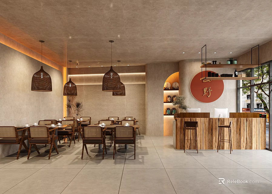 Modern Restaurant Interior With Wooden Tables Chairs Woven Pendant Lights Bar Counter Circular Wall Art 3d model 