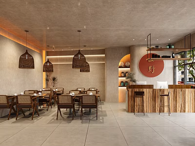 Modern Restaurant Interior With Wooden Tables Chairs Woven Pendant Lights Bar Counter Circular Wall Art 3d model