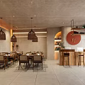 Modern Restaurant Interior With Wooden Tables Chairs Woven Pendant Lights Bar Counter Circular Wall Art