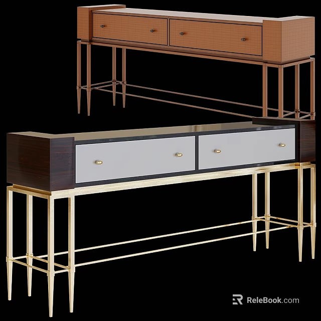 Elegant Modern Dining Table With Gold Metal Legs And Wooden White Drawer Panels 3d model 