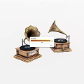 Two Vintage Brass Gramophones With Wooden Base And Black Turntable