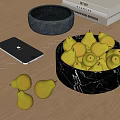 Ceramic Bowls With Marble Texture Holding Fresh Pears On Wooden Tabletop With Phone And Books