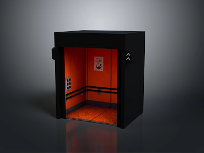 Black Framed Elevator With Orange Interior Control Panel Handrails And Sign 3d model