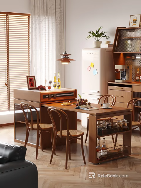 Modern Dining and Living Room Interior with Wooden Table Chairs Pendant Light and Window Blinds 3d model 