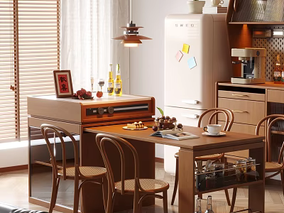 Modern Dining and Living Room Interior with Wooden Table Chairs Pendant Light and Window Blinds 3d model