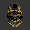Futuristic Mechanical Helmet Weapon With Yellow Blue Black Red Buttons Dials Gears