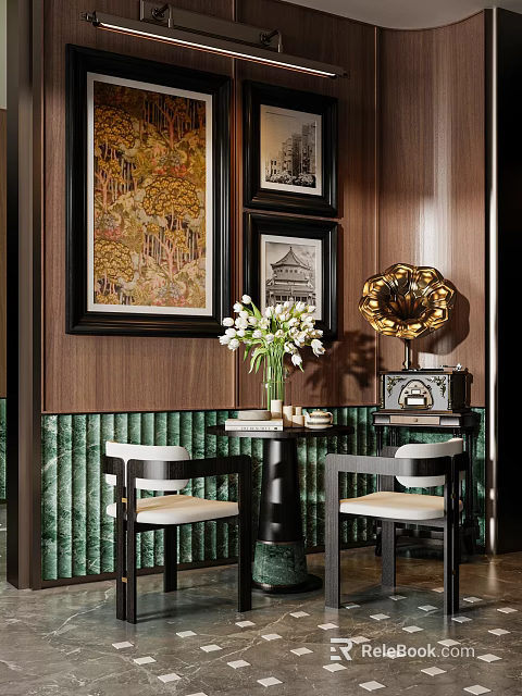 Hotel Public Lounge Area With Wooden Panels Decorative Paintings White Tulips Gramophone Green Marble Walls 3d model 