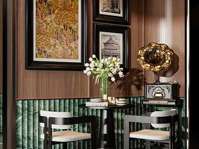 Hotel Public Lounge Area With Wooden Panels Decorative Paintings White Tulips Gramophone Green Marble Walls 3d model