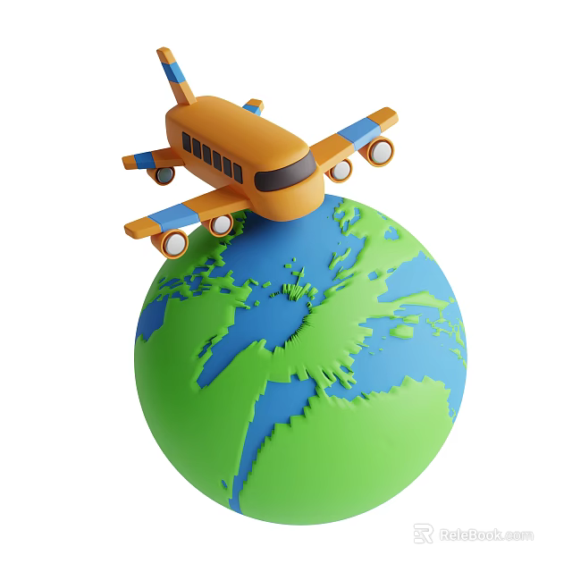 Orange Airliner with Blue Wings and Tail on Globe Showing Europe and Parts of Africa 3d model 