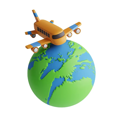Orange Airliner with Blue Wings and Tail on Globe Showing Europe and Parts of Africa 3d model