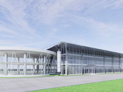 Modern Building Featuring Glass Curtain Walls Steel Structure Curved Design Spacious Plaza And Green Lawn 3d model