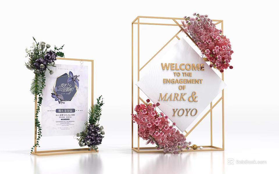 Elegant Welcome Engagement Signage With Golden Frame Flower Decorations For Mark And Yoyo 3d model 