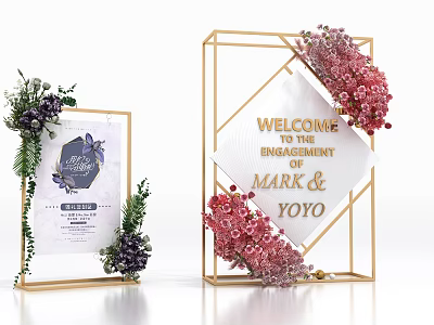 Elegant Welcome Engagement Signage With Golden Frame Flower Decorations For Mark And Yoyo 3d model