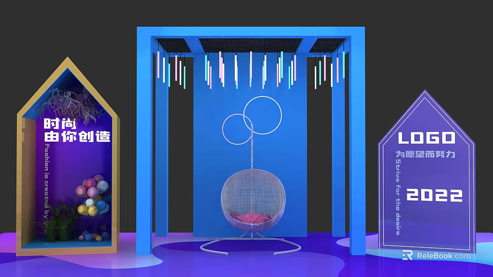 Vibrant Exhibition Booth With Blue Frame Hanging Colorful Strips Circular Ornaments And Hanging Chair 3d model 