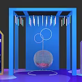 Vibrant Exhibition Booth With Blue Frame Hanging Colorful Strips Circular Ornaments And Hanging Chair