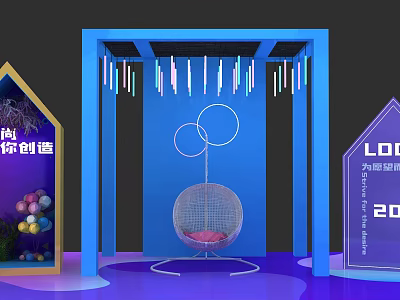 Vibrant Exhibition Booth With Blue Frame Hanging Colorful Strips Circular Ornaments And Hanging Chair 3d model