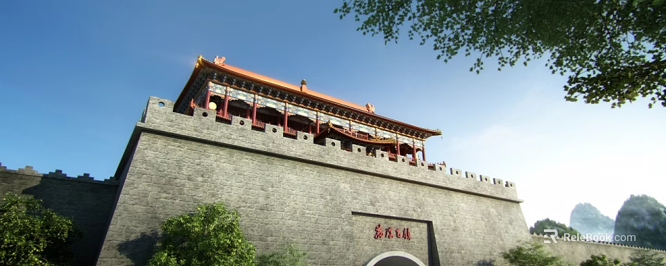 Traditional Beijing City Gate Architecture With Grey Wall Red Decorations And Golden Roof 3d model 