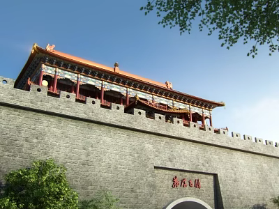 Traditional Beijing City Gate Architecture With Grey Wall Red Decorations And Golden Roof 3d model