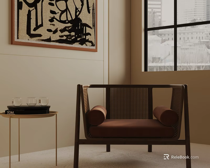 Accent Chair With Brown Cushion Rattan Backrest Wooden Frame Near Side Table City View Window 3d model 