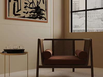 Accent Chair With Brown Cushion Rattan Backrest Wooden Frame Near Side Table City View Window 3d model