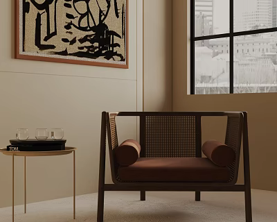 Accent Chair With Brown Cushion Rattan Backrest Wooden Frame Near Side Table City View Window 3d model