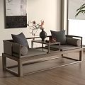 Modern Chinese Arhat Bed With Wooden Frame Gray Cushions Small Table Vase And Wall Art