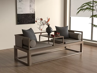 Modern Chinese Arhat Bed With Wooden Frame Gray Cushions Small Table Vase And Wall Art 3d model