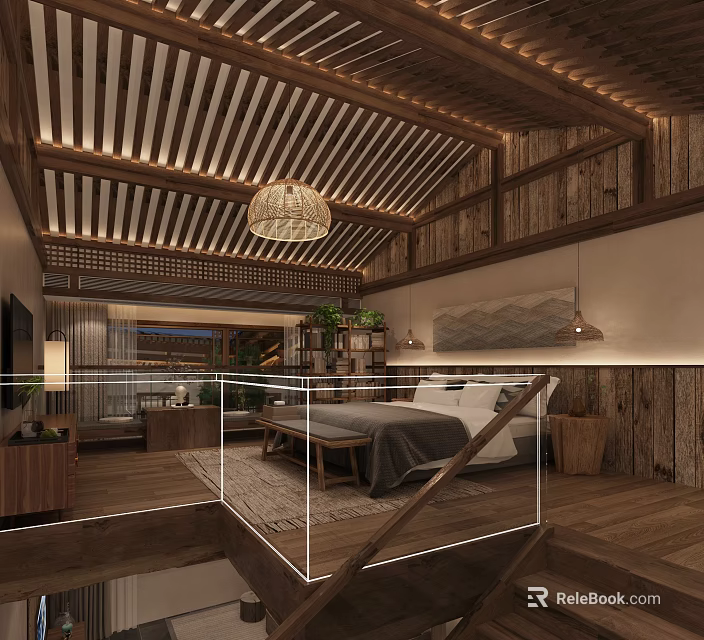 Traditional Wooden Hotel Room Interior With Hanging Lamp King Bed And Wooden Floor 3d model 