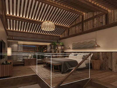 Traditional Wooden Hotel Room Interior With Hanging Lamp King Bed And Wooden Floor 3d model