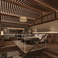 Traditional Wooden Hotel Room Interior With Hanging Lamp King Bed And Wooden Floor