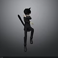 Playful Child in Black Outfit with Tail Jumping in 3D Model Design