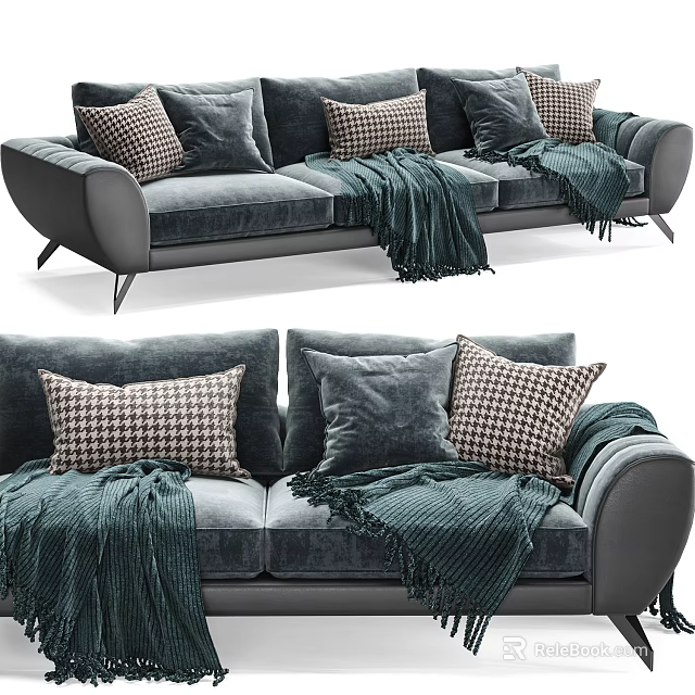 Modern Gray Velvet Three Seater Sofa With Houndstooth Pillows And Green Throw Blanket 3d model 