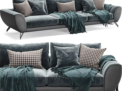 Modern Gray Velvet Three Seater Sofa With Houndstooth Pillows And Green Throw Blanket 3d model