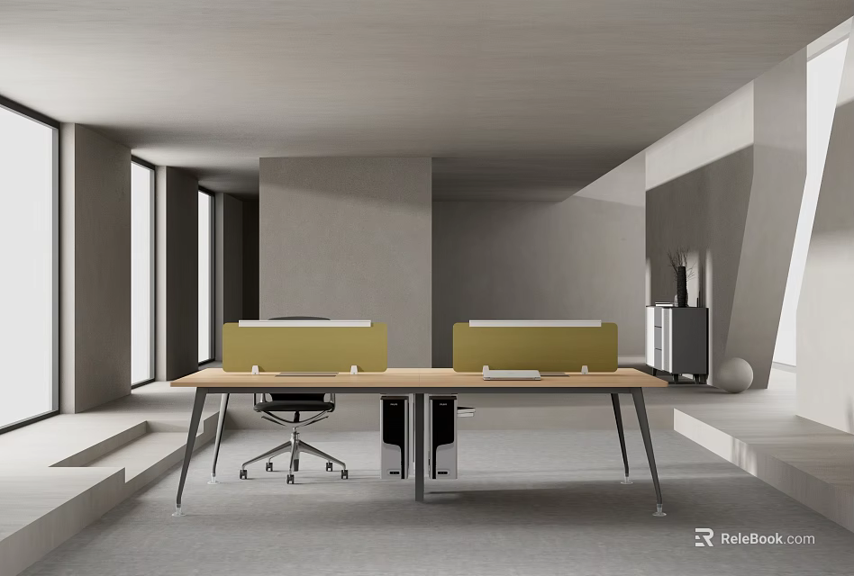 Modern Office Desk With Partition Screen And Ergonomic Chair And Bookcase 3d model 