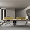 Modern Office Desk With Partition Screen And Ergonomic Chair And Bookcase