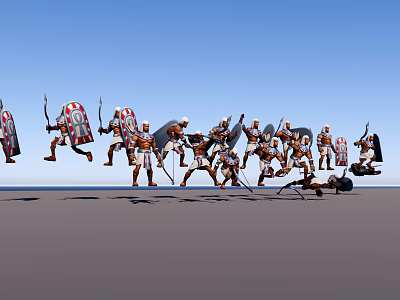 Men in Ancient Armor Standing and Falling with Spears and Shields Under Blue Sky 3d model