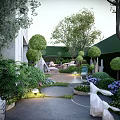 Tranquil Garden Landscape With Circular Seating Sofa Lush Trees Flower Beds And Soft Lighting