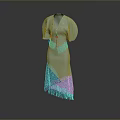 Stylish Blue And Light Blue Patchwork Dress With Puffed Sleeves And Fringes