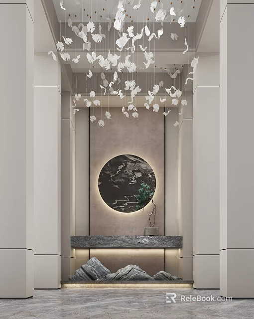 Entry Console Table With Circular Decorative Painting Modern Lighting And Green Plant 3d model 