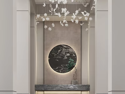 Entry Console Table With Circular Decorative Painting Modern Lighting And Green Plant 3d model